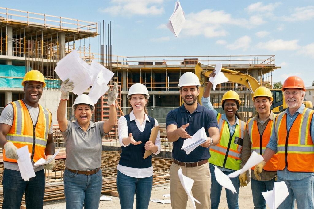 Construction team on a site throwing papers