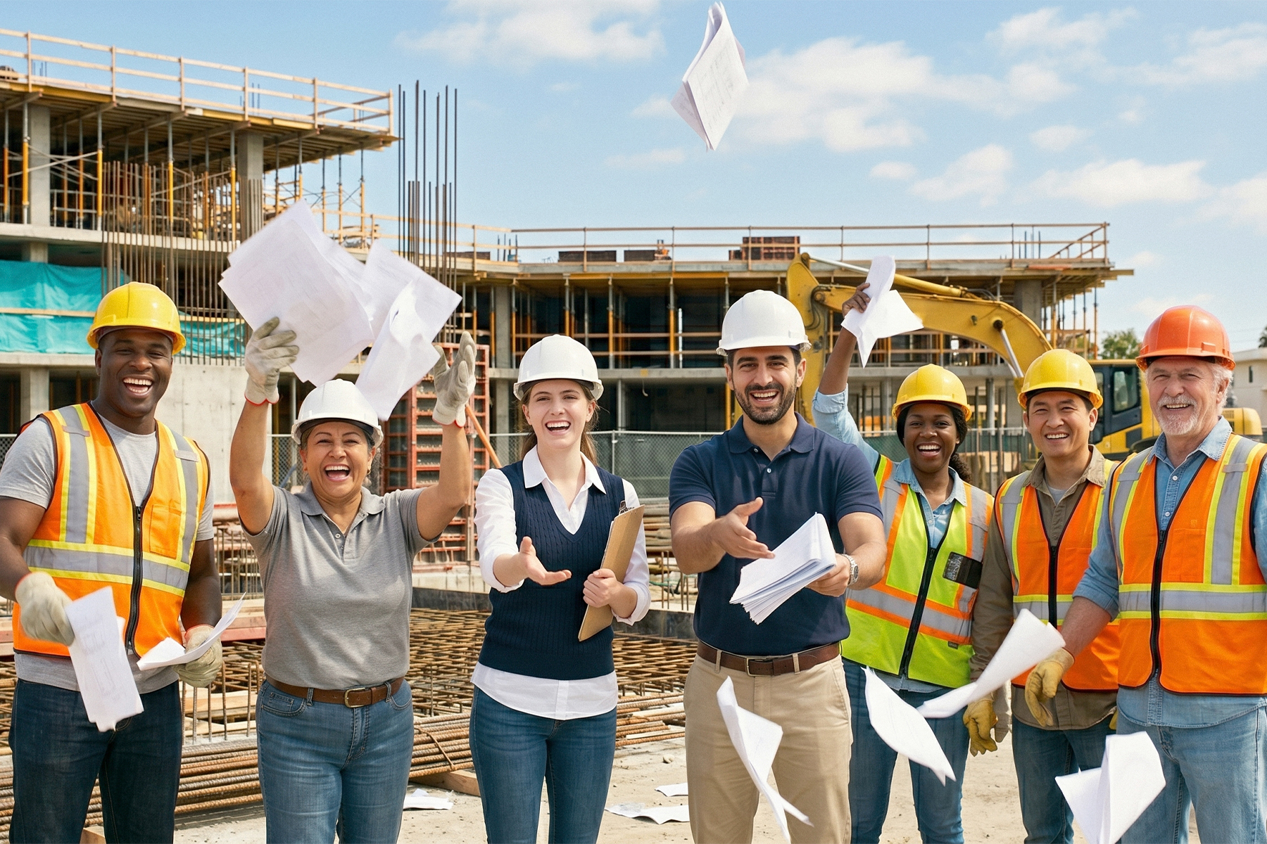 Construction team on a site throwing papers